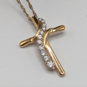 GOLD Cross with 12 CZ gems. Necklace. Gold over 925, NWOT Beautiful